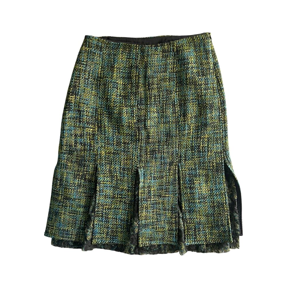 Yansi Fugel Tweed Wool Skirt Size 6 – Green Blue Lace Hem Flared Midi Retro - Picture 1 of 9